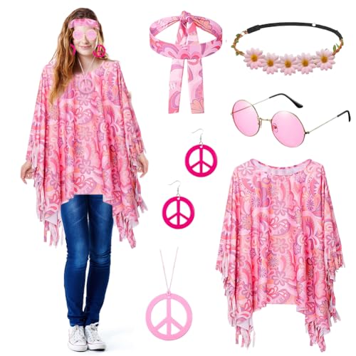 Hippie Kostüm Set mit Frieden Zeichen Halskette Ohrringe Stirnband Sonnenbrillen, Damen Hippie Poncho Damen Karneval Faschingskostüme, Damen Boho Flower Power 60 70er Jahre Bekleidung Damen (Blumen) von Kayuneed