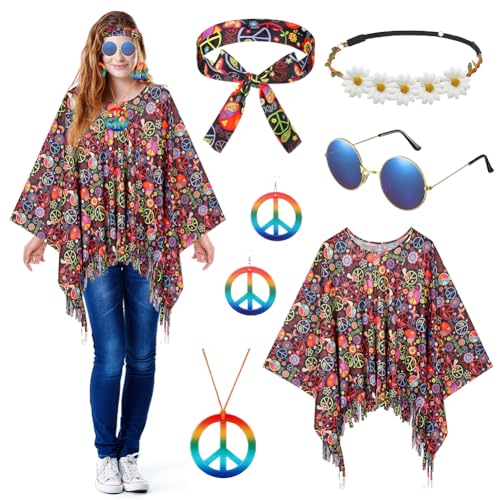 Hippie Kostüm Set mit Frieden Zeichen Halskette Ohrringe Stirnband Sonnenbrillen, Damen Hippie Poncho Damen Karneval Faschingskostüme, Damen Boho Flower Power 60 70er Jahre Bekleidung Damen (Frieden) von Kayuneed