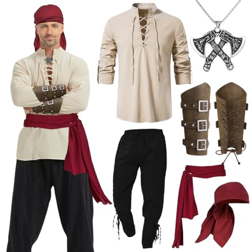 Kayuneed Mittelalter Kleidung Herren Set - Herren Renaissance Kostüm Set, Herren Mittelalter Hemd+Hose Viking Kostüm, Mittelalterliches Piratenhemd mit Schnürung, Handgelenkgurt, Hijab, Zubehör (L) von Kayuneed