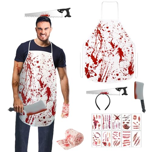 Kazaigou Karneval Kostüm Herren, Halloween Kostüm Herren Metzger, Metzger Kostüm Halloween Kostüm Herren Horror Blutige Kostüme, Blutige Schürze Halloweenkostüm Herren für Halloween Karneval Party von Kazaigou