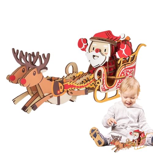 3D-Holzpuzzle Weihnachten – Weihnachtsmann-Elchschlitten-Holzpuzzles | 3D-Holzpuzzle-Modellbausätze für Erwachsene und Kinder zum Bauen – Idee für Weihnachten von Kbnuetyg