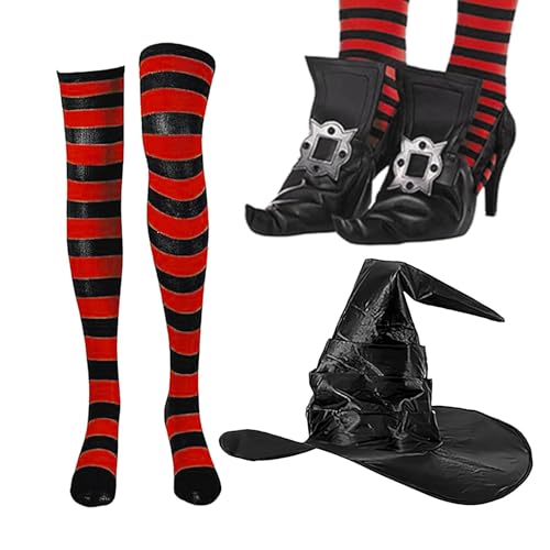 Kbnuetyg Halloween-Hexe-Kostüm - Halloween-Kostüme Für Damen, Halloween-Kostüm-Set | Spitze Hexenschuh-Dekoration, Gestreifte Kniestrümpfe Und Hexenhut-Set Zum Verkleiden von Kbnuetyg