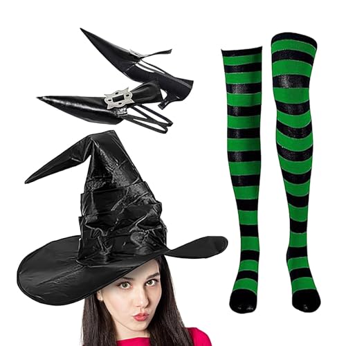 Kbnuetyg Halloween-Hexe-Kostüm - Halloween-Kostüme Für Damen, Halloween-Kostüm-Set | Spitze Hexenschuh-Dekoration, Gestreifte Kniestrümpfe Und Hexenhut-Set Zum Verkleiden von Kbnuetyg