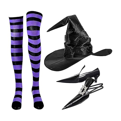 Kbnuetyg Halloween-Kostüme Für Damen - Halloween-Hexe-Kostüm-Schuhüberzüge, Halloween-Kostüm-Set | Spitze Hexenschuh-Dekoration, Gestreifte Kniestrümpfe Und Hexenhut-Set Zum Verkleiden von Kbnuetyg