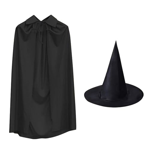 Kbnuetyg Schwarzer Umhang | 55 Zoll Cosplay Umhang mit Hexenhut | Rollenspiel-Requisiten, mittelalterliches Renaissance-Kostüm für Halloween-Cosplay-Kostüme von Kbnuetyg