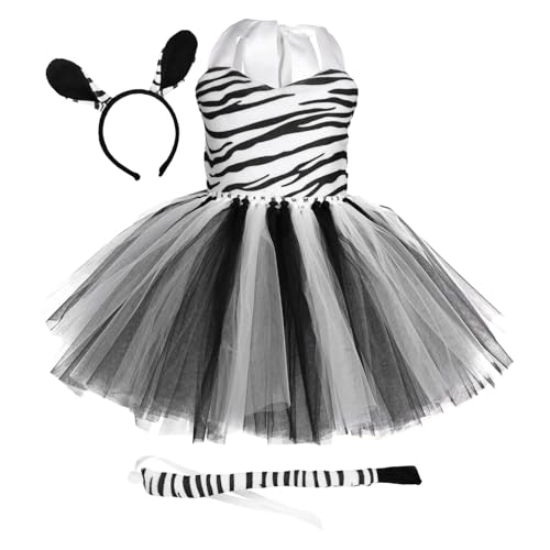 Tierkostüm-Set,Zebra-Kostüm für Kinder - Ärmelloses Cosplay-Kostüm mit passendem Haarband - Mädchenkostüme mit Zebra-Tiermuster für Mottopartys, passend für Kinder von 1 bis 12 Jahren von Kbnuetyg
