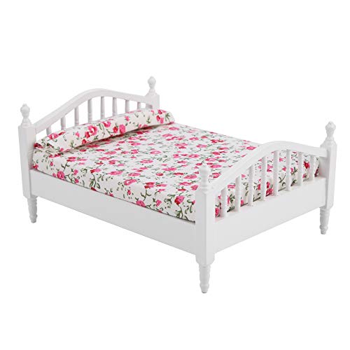 Kcabrtet Puppenhaus-Zubehör, Blumenmuster, Mini-Möbel, Doppelbett Für Puppen Im Maßstab 1:12, Realistisches Schlafzimmer-Zubehör Für 15,2 cm Große Puppen von Kcabrtet