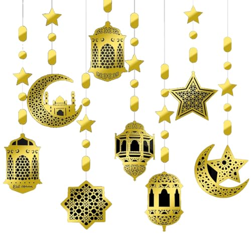 Kcvzitrds 24-Teilige -Girlande Islamischer Stern Mond Laterne Ramadan Girlande Eid Dekoration Streamer Karton Ramadan Mubarak -Girlande, Gold von Kcvzitrds