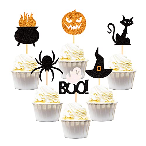 24 Stück Halloween Cupcake Topper Halloween Zahnstocher Katze Kürbis Spinne Boo Cupcake Picks Flaggen Marker für Halloween Party Decor Supplies von Keaziu