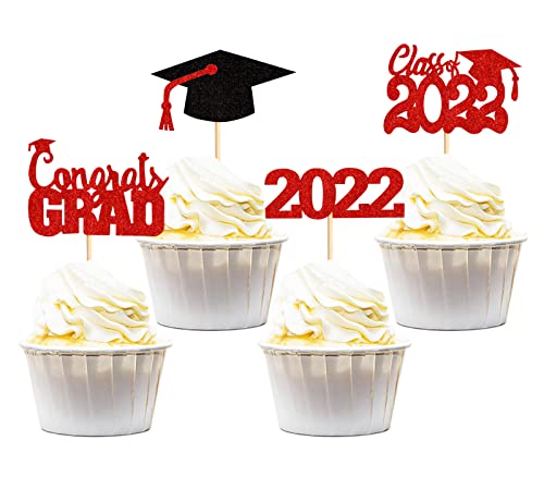 Keaziu 24 Stück 2022 Graduation Cupcake Toppers Class of 2022 Congrats Grade Cupcake Picks 2022 Graduation Theme Party Cake Food Decorations Supplies Red von Keaziu