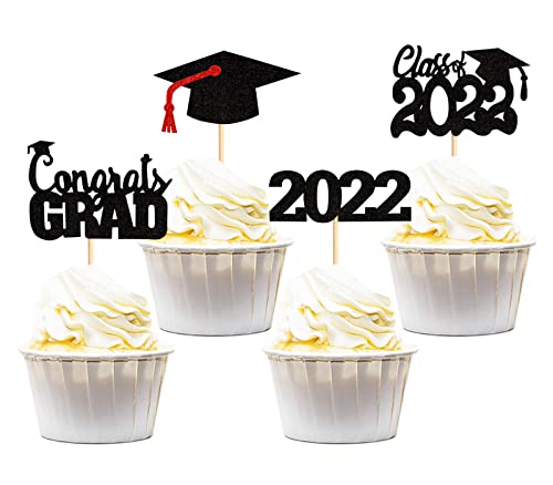 Keaziu 24 Stück 2022 Graduation Cupcake Toppers Class of 2022 Congrats Grade Cupcake Picks 2022 Graduation Theme Party Cake Food Decorations Supplies Schwarz von Keaziu