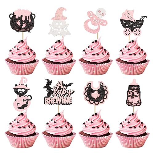 Keaziu 24 Stück Halloween-Cupcake-Topper Baby is Brewing Cupcake Picks Spinne Babyparty Halloween Geschlecht Enthüllung Erster Geburtstag Party Dekorationen Supplies Rosa von Keaziu