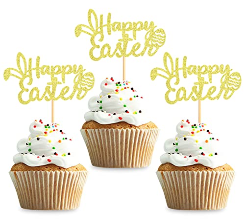 Keaziu 24 Stück Happy Easter Cupcake Topper für Frühling Party Dekorationen Kuchen Picks Kuchen Essen Dekor Vorspeisen Zahnstocher Party Supplies Gold von Keaziu