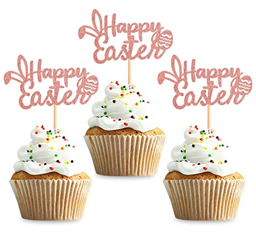 Keaziu 24 Stück Happy Easter Cupcake Topper für Frühling Party Dekorationen Kuchen Picks Kuchen Essen Dekor Vorspeisen Zahnstocher Partyzubehör Roségold von Keaziu