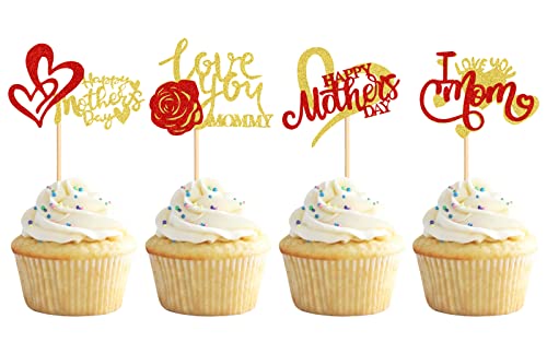 Keaziu 24 Stück Happy Mother's Day Cupcake Topper I Love You Mom Cupcake Picks Kuchen Dekoration Party Zubehör für Muttertag Party Cupake Dekorationen Gold von Keaziu