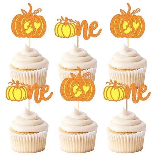 Keaziu 24 Stück Kürbis-Cupcake-Topper, Babyparty, Geschlecht enthüllen, Gold, Glitzer, Thanksgiving, Halloween, Party-Dekoration, Orange von Keaziu