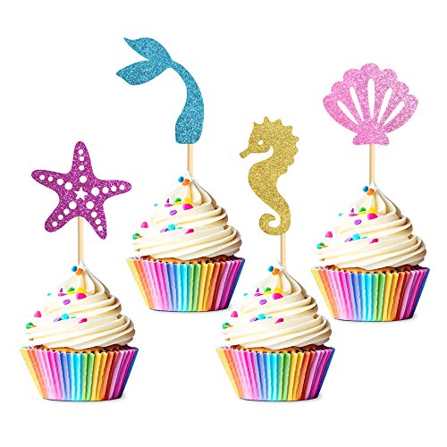 Keaziu 24 Stück Meerjungfrau Cupcake Topper Meerjungfrau Geburtstag Cupcake Picks Party Dekorationen Zubehör für Babyparty, unter dem Meer, Geburtstagsfeier von Keaziu