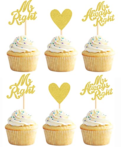 Keaziu 24 Stück Mr Right Mrs Always Right Cupcake-Topper Love Heart Brautdusche Cupcake Picks Hochzeit Verlobung Geburtstag Kuchen Dekorationen Zubehör Gold von Keaziu