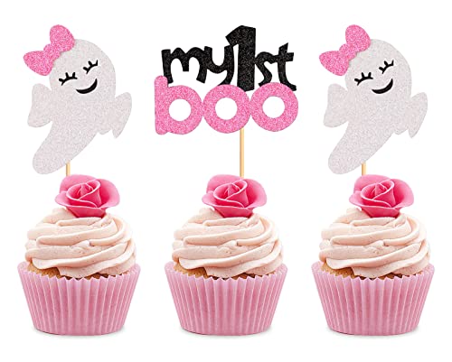 Keaziu 24 Stück My 1st Boo Cupcake-Topper Ghost Oh Baby Cupcake Picks rosa Schleife Geist Halloween Thema Babyparty Geburtstag Party Kuchen Dekorationen Zubehör von Keaziu