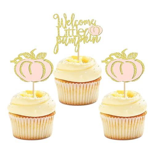 Keaziu 24 Stück Welcome Little Pumpkin Cupcake Toppers Girl Baby Shower Dekorationen Kürbis Geburtstag Dekorationen Cupcake Picks Kürbis Geschlecht enthüllen Cupcake Toppers Rosa von Keaziu