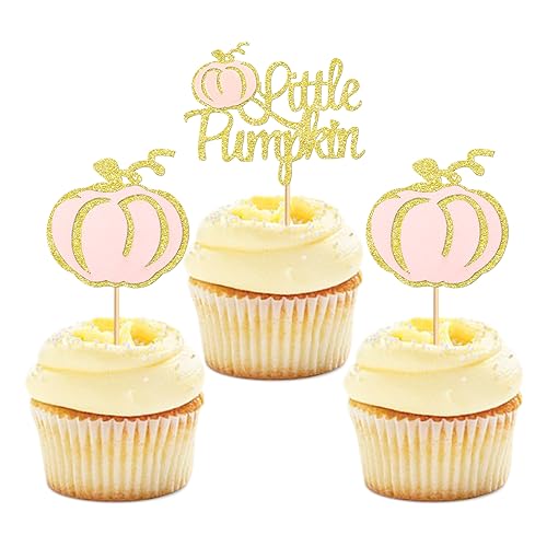 Keaziu 24 Stück kleine Kürbis-Cupcake-Topper Mädchen Babyparty Dekorationen Kürbis Geburtstag Dekorationen Cupcake Picks Kürbis Geschlecht offenbaren Cupcake Toppers Rosa von Keaziu