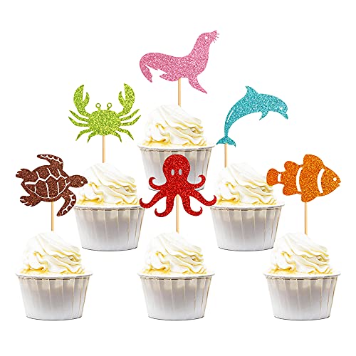 Keaziu Cupcake-Topper mit Meeresmotiv, Delfin-, Oktopus-, Krabben-, Fisch-, Meeresschildkröten-Siegel, Cupcake-Picks unter dem Meer, Tiere, für Babypartys, 36 Stück von Keaziu