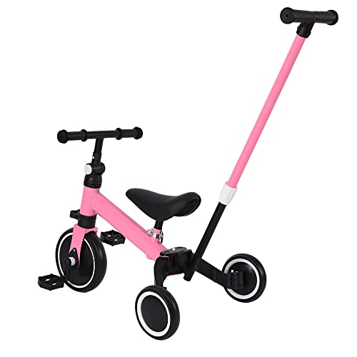 Kinder Laufrad, Kleinkind-Dreirad ab 1 Jahr, Balance Bike mit Pedal+Verstellbare Sitze, Lauflernrad Spielzeug für 10-24 Monate Baby (Rosa-Mit Schubstange) von Kedia