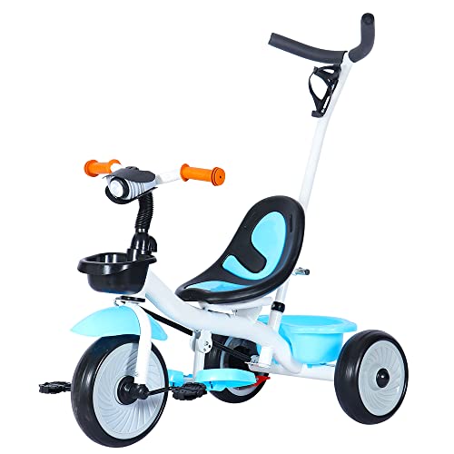 Kinderdreirad mit Schubstange, Kleinkind-Dreirad Pedale, Laufräder Kinderfahrrad laufrad für Kinder ab 15 Monaten (Weiß+Blau) von Kedia