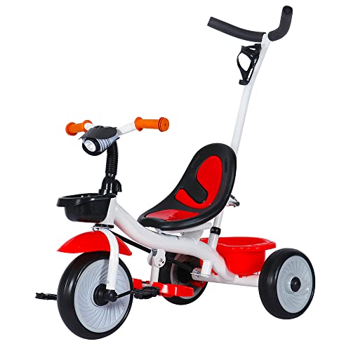 Kinderdreirad mit Schubstange, Kleinkind-Dreirad Pedale, Laufräder Kinderfahrrad laufrad für Kinder ab 15 Monaten (Weiß+Rot) von Kedia