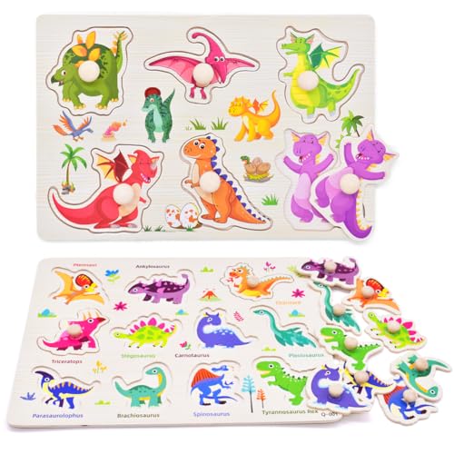 Holzpuzzle Spielzeug für Kinder, Dinosaurier Jigsaw Holzspielzeug, Greifpuzzle Holzspielzeug, Montessori Spielsachen, Kinder Lernspiele Steckspiel, Geschenk für Jungen und Mädchen von KedidO