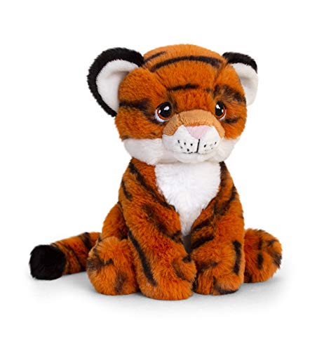 Keeleco SE6230 Tigre Plüschtier Tiger sitzend, ca. 18 cm, aus recycelten Materialien, Augen aufgestickt aus Baumwolle, verschieden von Keel Toys