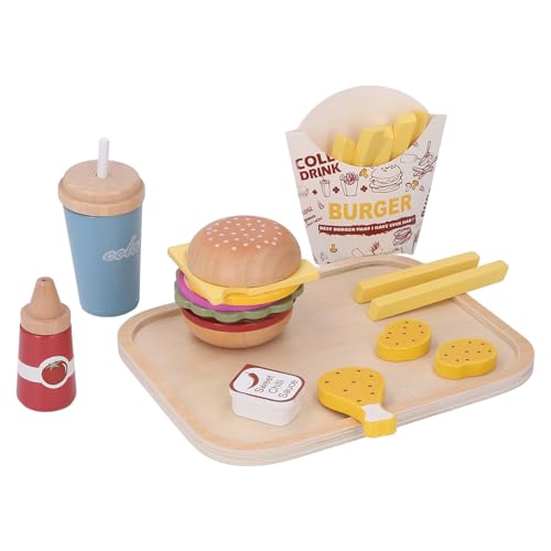 Fast-Food-Burger-Set aus Holz, Realistisches Pädagogisches Küchenspielzeug mit Tablett und Zubehör für und Mädchen von Keenso