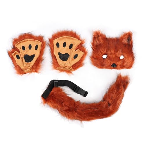 Fuchsschwanz Cosplay Set Cosplay Kostüm Set Plüschmaske Flauschige Halloween Weihnachtsfeier für Mädchen (Rotbraun) von Keenso