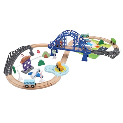 Holzeisenbahn-Spielzeugset, 37-teiliges Holzeisenbahn-Set für Kleinkinder, Blaue Brücke, Elektrische Simulation, Kinder, Interaktives Holzeisenbahn-Spielzeug von Keenso