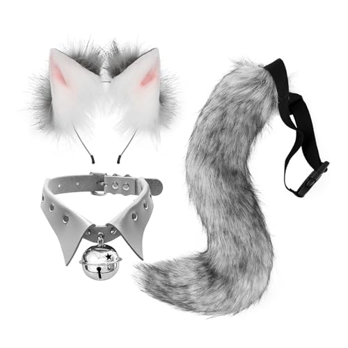 Katzenohren und Wolf, Tierschwanz, Cosplay-Kostüm, Kunstfell-Haarspange, Kopfschmuck, Halloween-Halsband-Set aus Leder (dunkelgrau) von Keenso