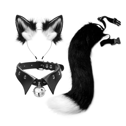 Katzenohren und Wolf, Tierschwanz, Cosplay-Kostüm, Kunstfell-Haarspange, Kopfschmuck, Halloween-Halsband-Set aus Leder (weiß schwarz) von Keenso