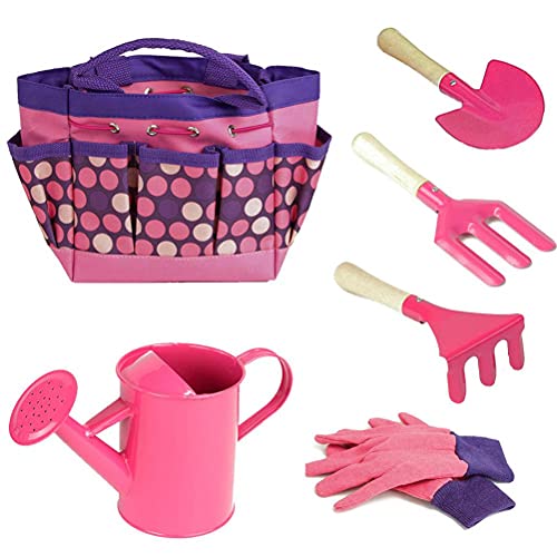 Keenso Kindergärtner-Werkzeugset, Gartenset, Gießkanne, Gartenhandschuhe, Schaufel, Rechen, Gabel und Garten-Tragetasche für (PINK) von Keenso