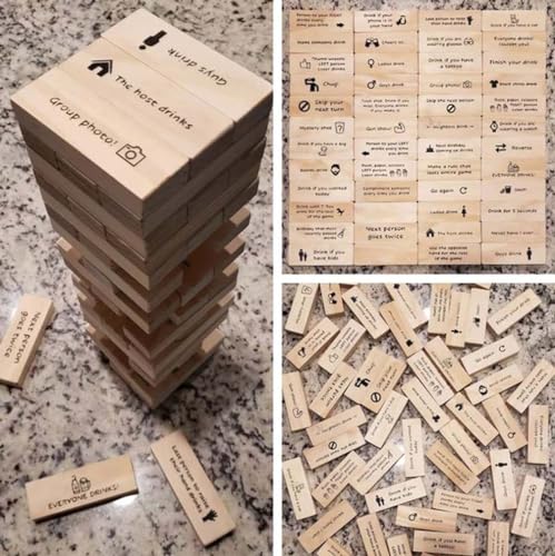 48PCS Questions Tumbling Tower Game, Wooden Tower Stacking Blocks Drinking Game, Wackelturm Holz, Bausteine zum Stapeln,Tumble-Tower-Wackelturm-Turm Spiel, lustiges Stapelspiel für Kinder & Erwachsene von Keeplus