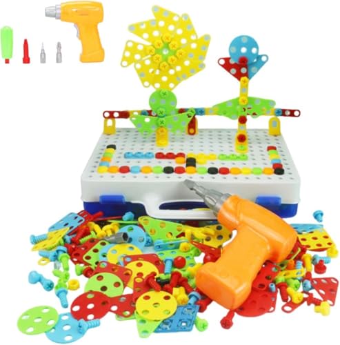 Toddler Drill and Screw Toys,Drill Toy Game,Toddler Screwdriver Toy Set,Steckspiel Spielzeug,Montessori Spielzeugkiste mit Bohrmaschine,Pädagogisch Kreativ Spielzeug 3D Puzzle Mosaik Werkzeugkoffer von Keeplus