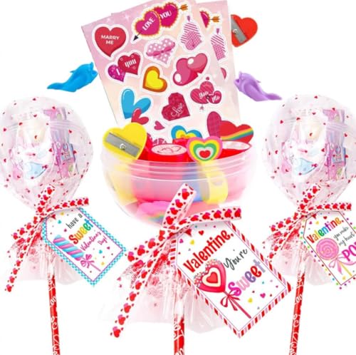 Valentines Day Gifts for Kids-24pcs Valentines Lollipop-Shaped Slime with Cards, Valentine Lollipop-förmige Schleim mit Karten,Bleistifte Aufkleber Radiergummi Lineal Sharpener für Jungen Mädchen von Keeplus