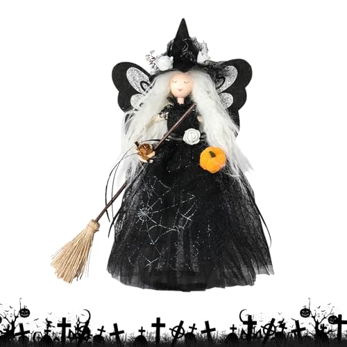 Halloween Baum Hexe Puppe Figure mit Besen,Halloween Dekoration Hexe Puppe Baum Topper Hängende Dekorationen,für Halloween Party Dekoration Hexen Wichtel Puppe Schlafzimmer Desktop (Schwarz) von Keho Keho Kehongdun