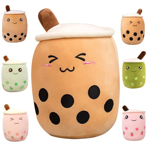 Kekeso Boba Stofftier Plüschkissen Weiches lebensechtes Bubble Pearl Milk Tea Kuschelkissen Cartoon Plüsch Rückenkissen Geschenk Spielzeug (Brown-Small Eyes, 25cm/9.84inch) von Kekeso