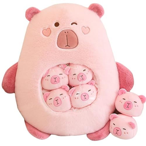 Capybara Plüschtier Kawaii Capybara Kuscheltier mit 6 niedlichen Babys Tasche von Capybara Plüsch Kissen Stofftiere für Mädchen Jungen Geschenke,Rosa von Kekeso