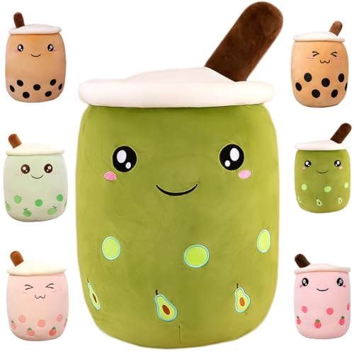 Kekeso Boba Stofftier Plüschkissen Weiches lebensechtes Bubble Pearl Milk Tea Kuschelkissen Cartoon Plüsch Rückenkissen Geschenk Spielzeug (Avocado-Big Eyes, 35cm/13.77inch) von Kekeso