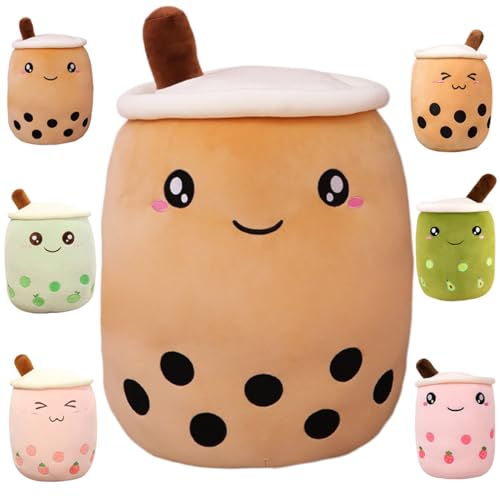 Kekeso Boba Stofftier Plüschkissen Weiches lebensechtes Bubble Pearl Milk Tea Kuschelkissen Cartoon Plüsch Rückenkissen Geschenk Spielzeug (Brown-Big Eyes, 35cm/13.77inch) von Kekeso