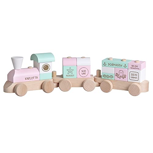 Kekskrone Holzzug Personalisiert mit Namen & Geburtsdaten - Ocean Serie, Rosa - Spielzug als Geschenk zur Geburt & Taufe von Kekskrone