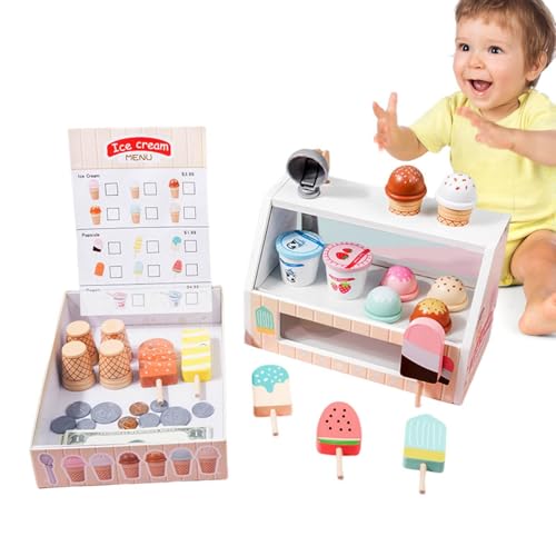 Spielzeug-Eiscreme-Set, Eisspielzeug für Kinder - Shop für Spielzeug-Lebensmittel-Sets aus Holz - Eiscreme-Spielset für Kinder, vorgetäuschte Eiscreme-Sets, Lern- und Lernspielzeug für Kleinkinder von Kelburn