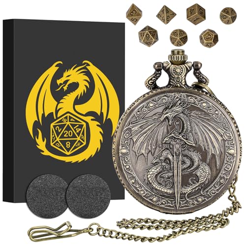 7-teilige Polyedrische Metall D&D Würfel, Mini DND Würfel Set, mit Fliegender Drache und Schwert Taschenuhrgehäuse, DND Geschenke mit Geschenk Box, MTG, Rollenspiele-Brettspielzubehör Würfel, Bronze 7-teilige Polyedrische Metall D&D Würfel, Mini DND Würfel Set, mit Fliegender Drache und Schwert Taschenuhrgehäuse, DND Geschenke mit Geschenk Box, MTG, Rollenspiele-Brettspielzubehör Würfel, Bronze von Keller & Weber