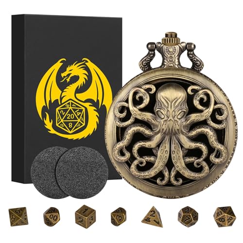 Mini DND Würfel Set, Steampunk Bronze Hohles Oktopus Taschenuhrgehäuse, 7-teiliges Polyedrisches Metall, D&D Würfel Set, DND Geschenke mit Geschenkbox, Rollenspiel Brettspiel Zubehör Würfel von Keller & Weber