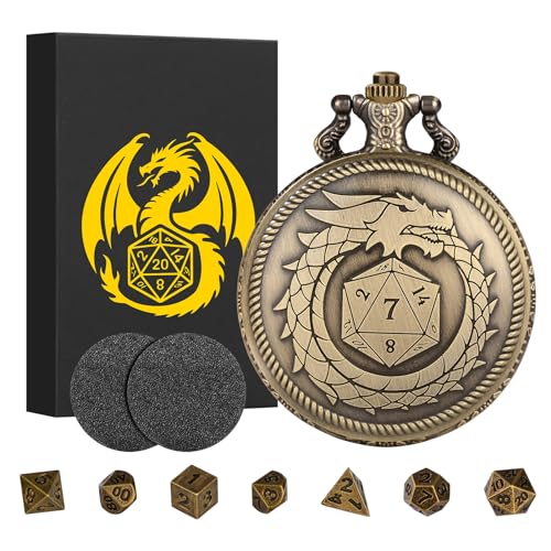 Mini DND Würfel Set mit Steampunk Drachen Bronze Taschenuhrgehäuse, 7-teiliges Polyedrisches Metall D&D Würfel Set, DND Geschenke mit Geschenk Box, Rollenspiel Brettspiel Zubehör Würfel von Keller & Weber